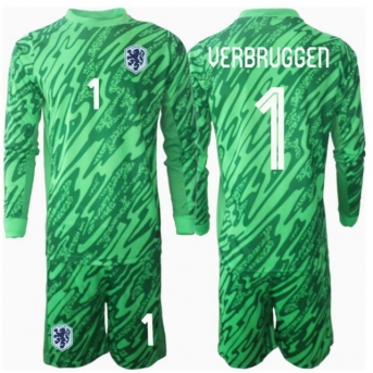 Paesi Bassi Bart Verbruggen #1 Portiere Maglia Gara Casa Repliche Europei 2024 Bambino Maniche Lunghe